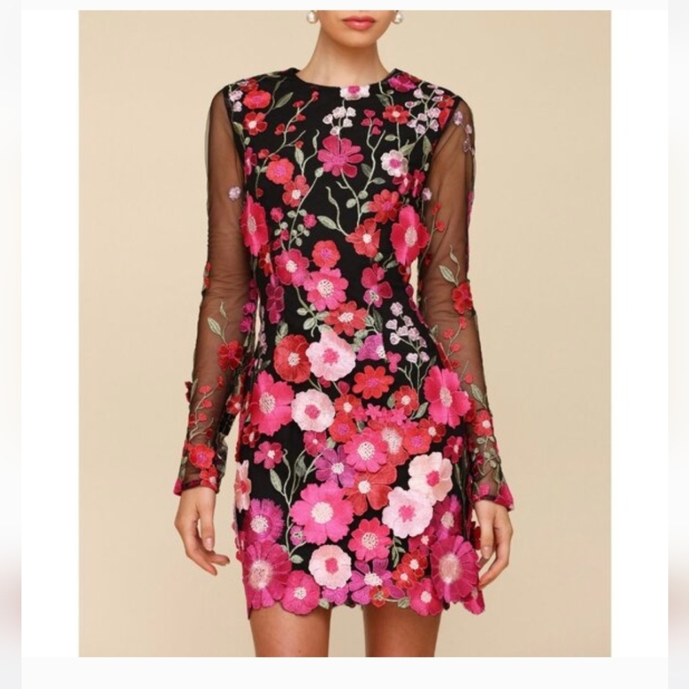 Avec Les Filles Black Dress with Pink Floral Embroidery